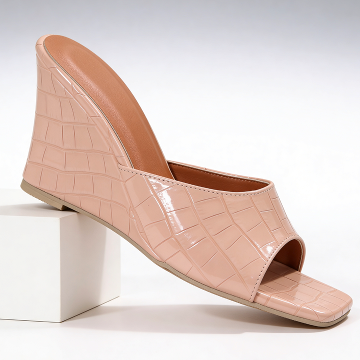Croc Effect Wedge Mules — women's mules in blush