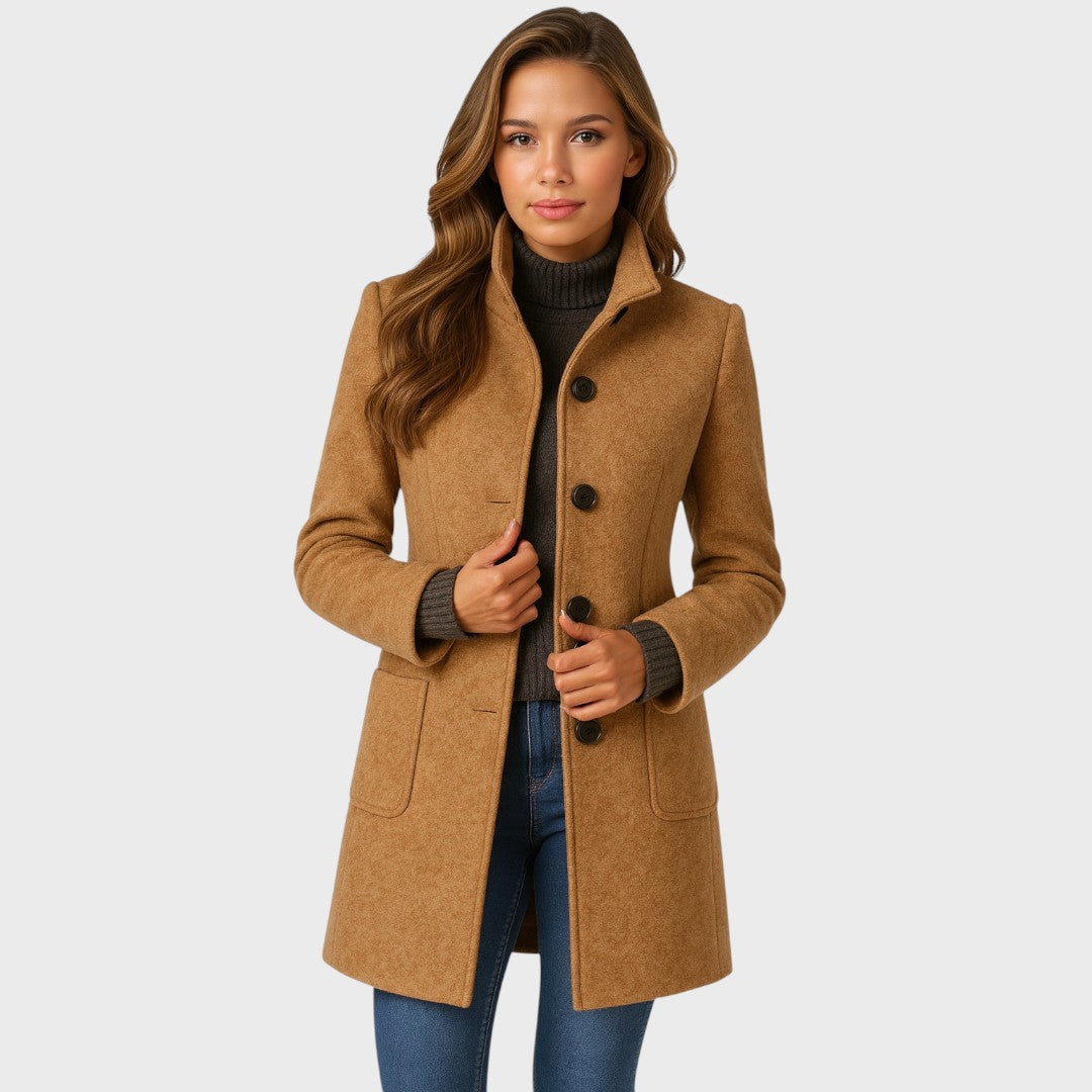 Stand Collar Wool Blend Coat — wool coat for women in khaki