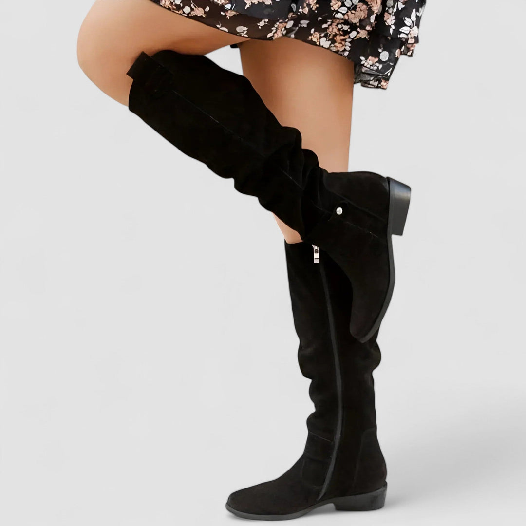 Tall Slouch Leather Boots — knee high boots for women in beige