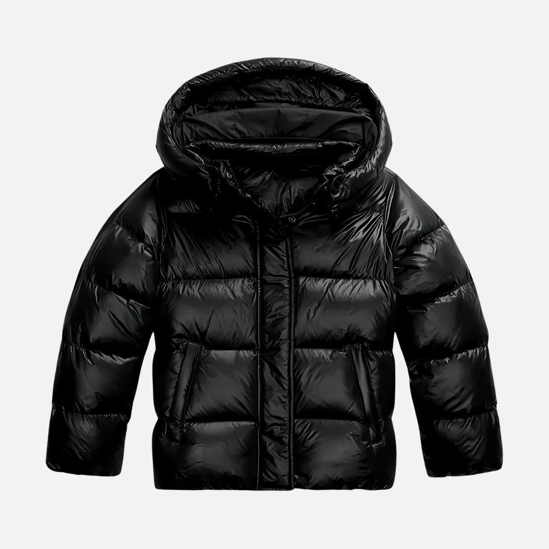 Bérénice Glossy Puffer Jacket Hooded Cropped for Women in Black
