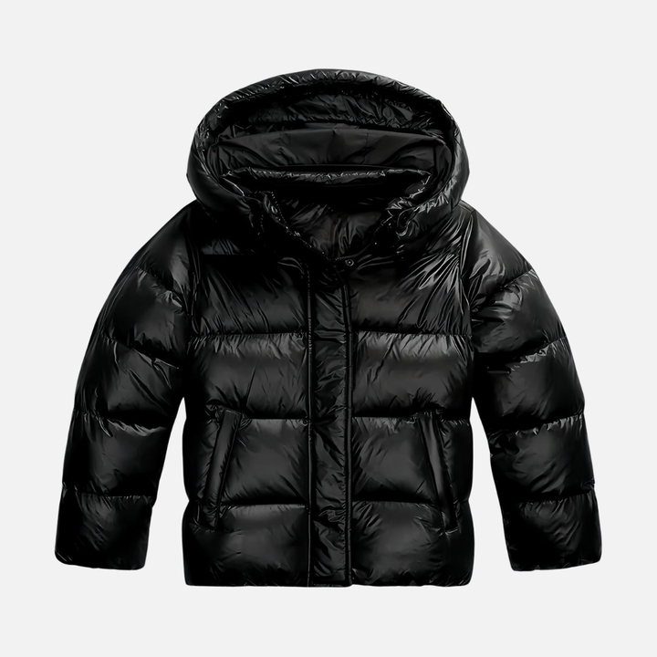 Bérénice Glossy Puffer Jacket Hooded Cropped for Women in Black