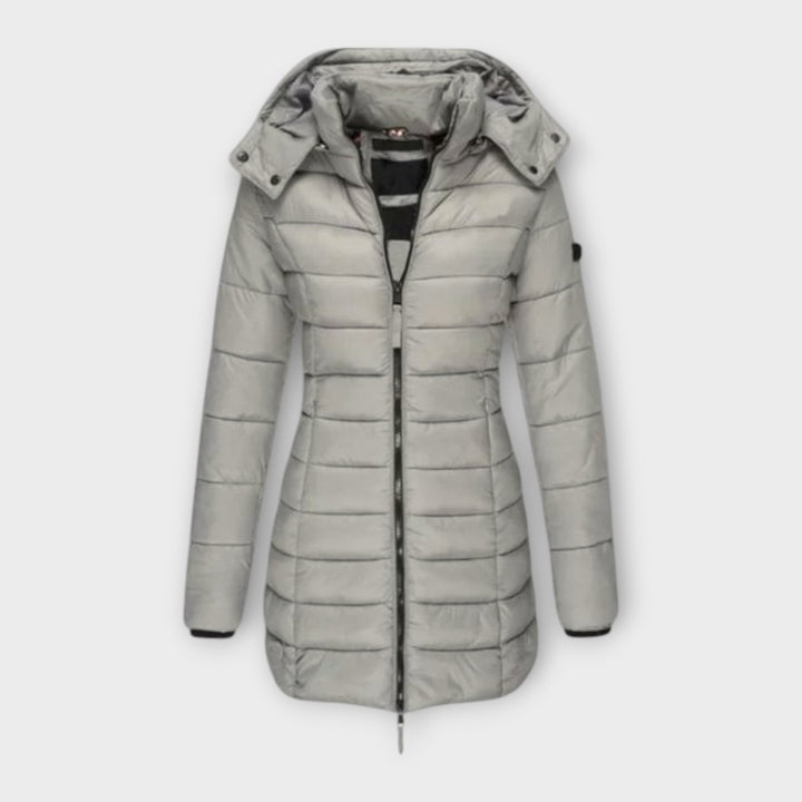 Angeline Quilted Padded Winter Coat Hooded Longline for Women in Gris