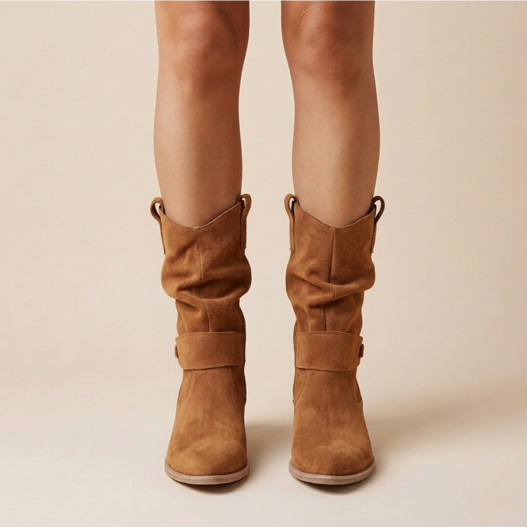 Slouch Suede Mid Calf Boots — knee high boots for women in black