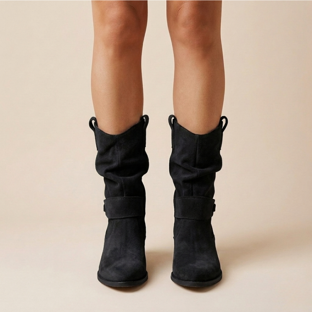 Slouch Suede Mid Calf Boots — knee high boots for women in brown