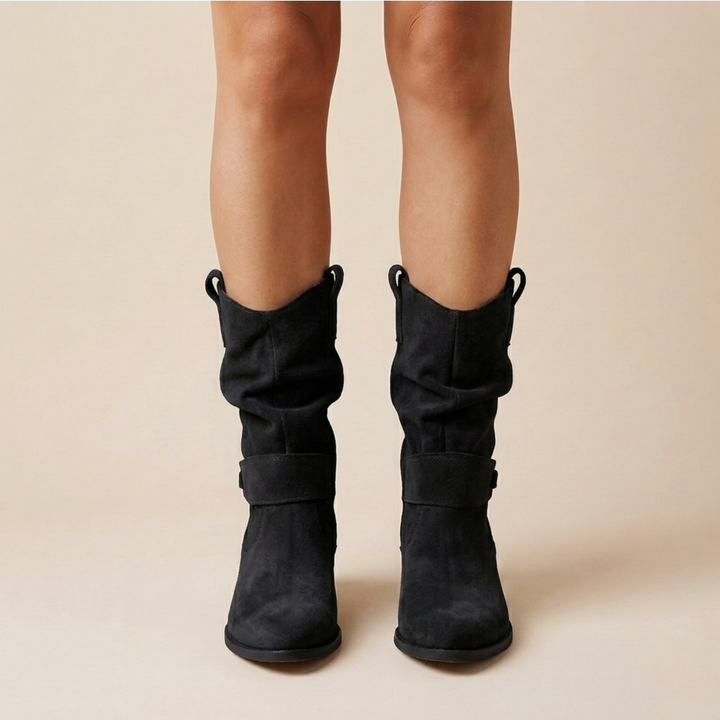 Slouch Suede Mid Calf Boots — knee high boots for women in brown