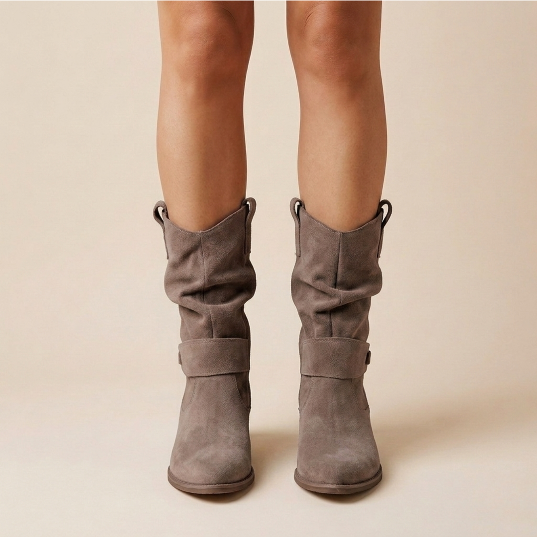 Slouch Suede Mid Calf Boots — knee high boots for women in gray