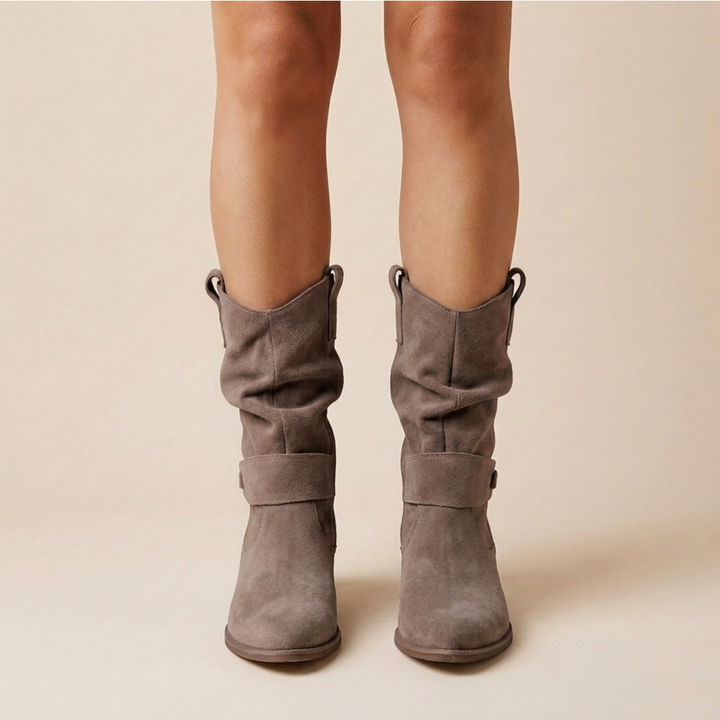 Slouch Suede Mid Calf Boots — knee high boots for women in gray