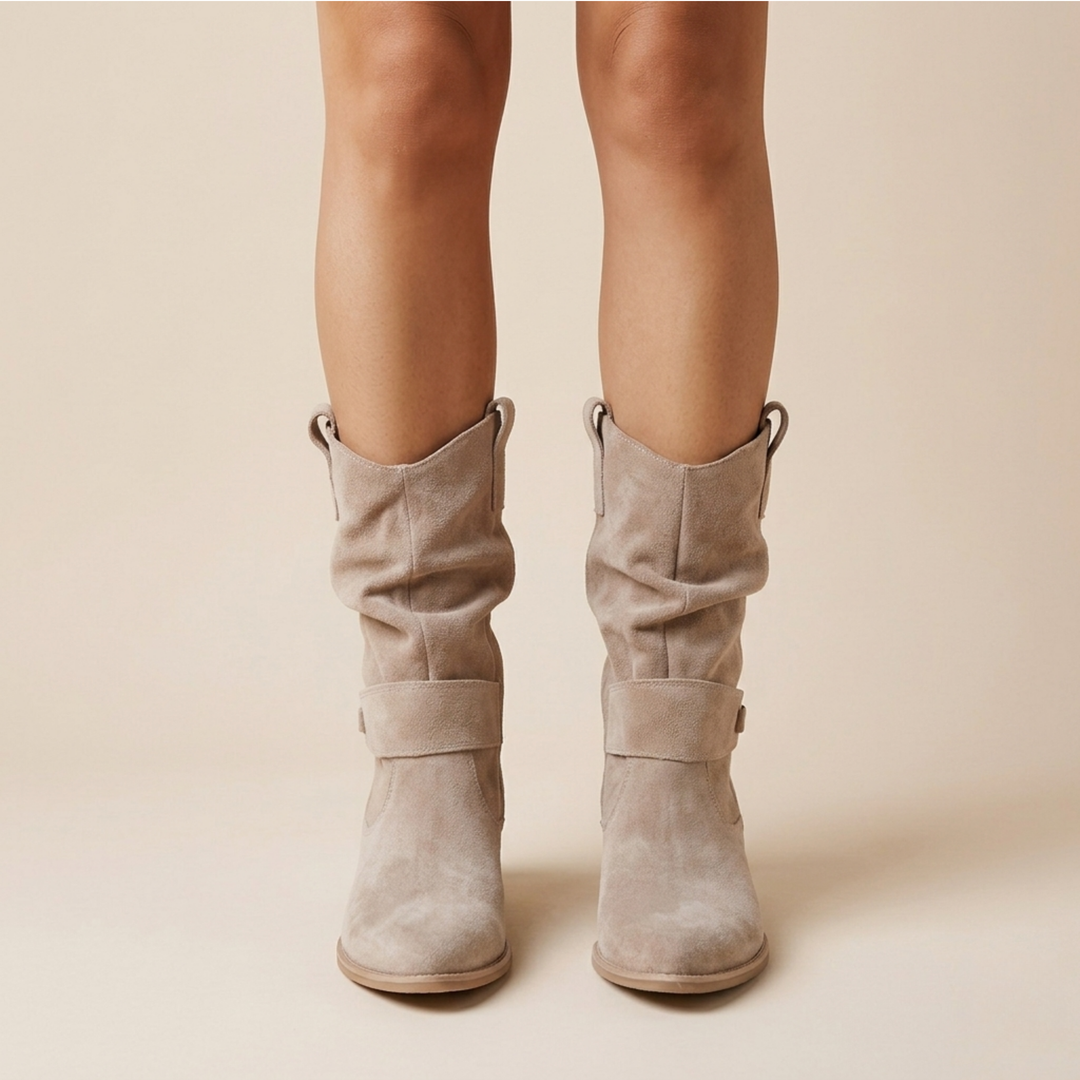 Slouch Suede Mid Calf Boots — knee high boots for women in beige