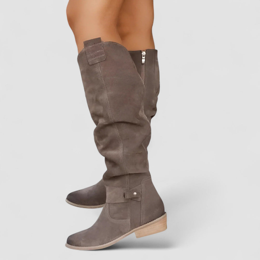 Tall Slouch Leather Boots — knee high boots for women in dark green