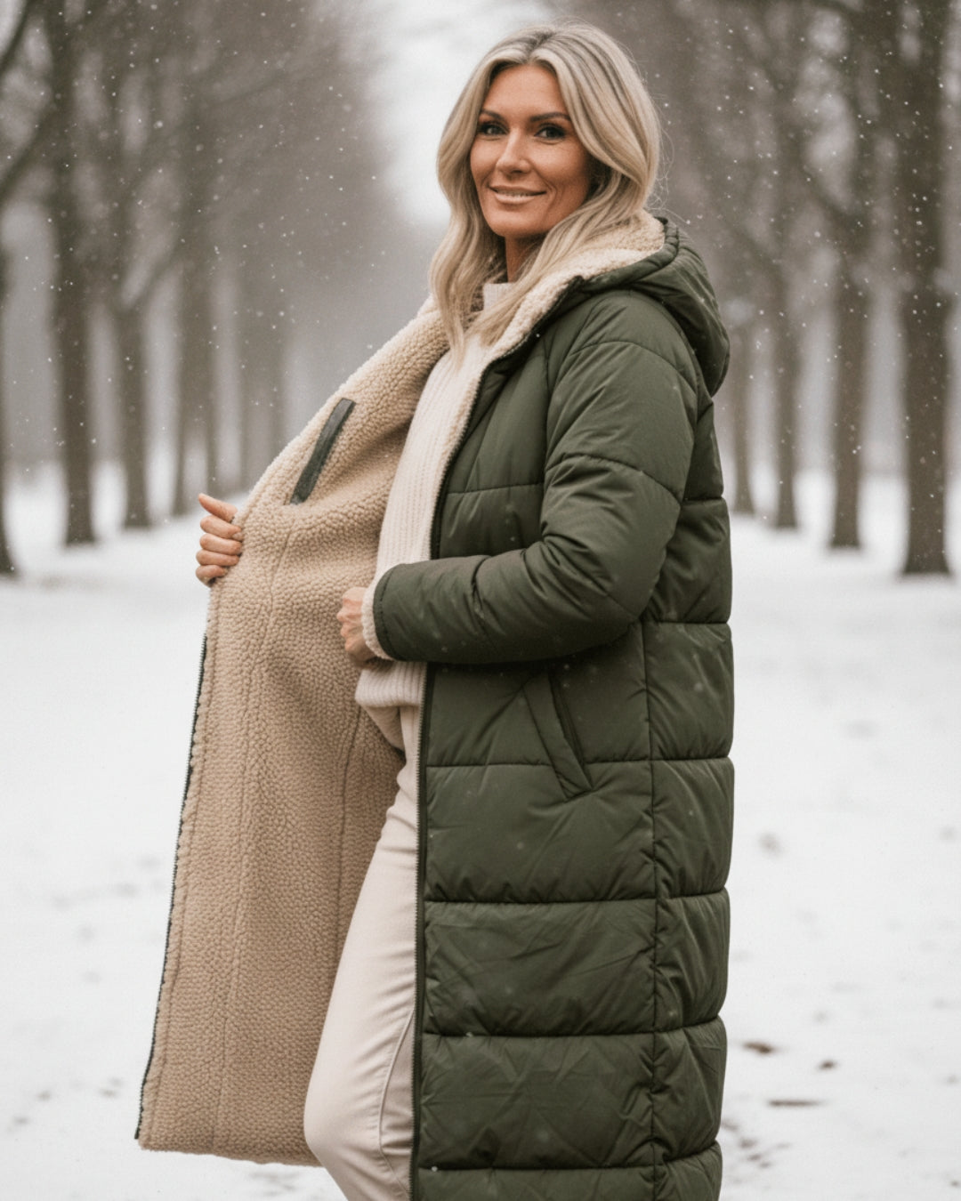 Sherpa Lined Puffer Winter Coat — coat for women in olive green