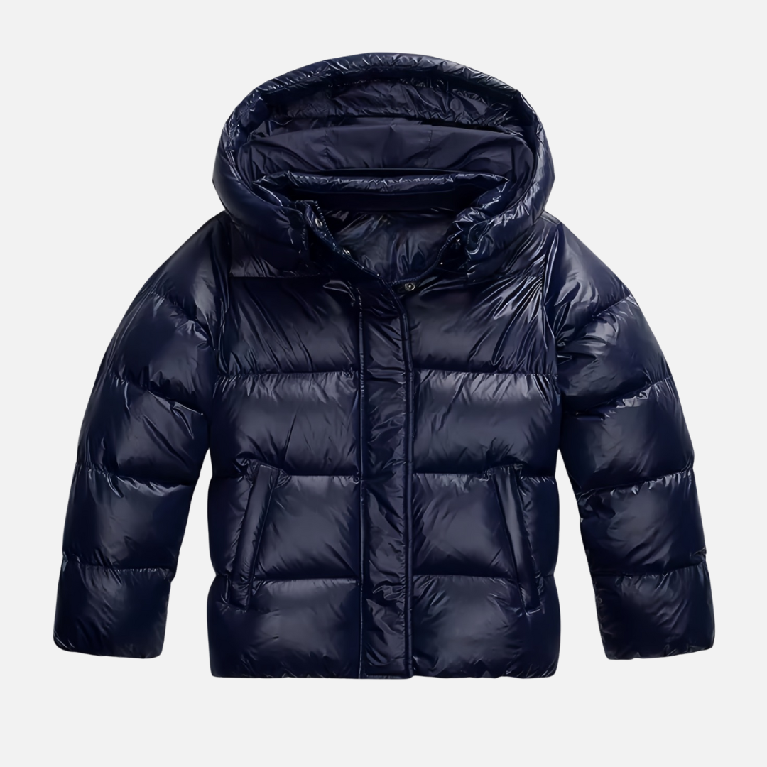 Bérénice Glossy Puffer Jacket Hooded Cropped for Women in Navy