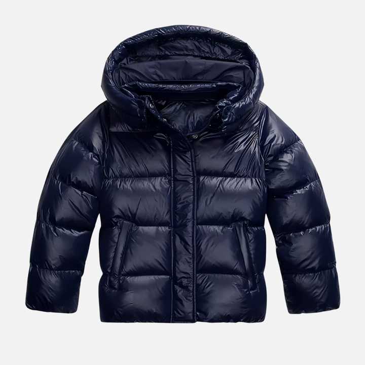 Bérénice Glossy Puffer Jacket Hooded Cropped for Women in Navy