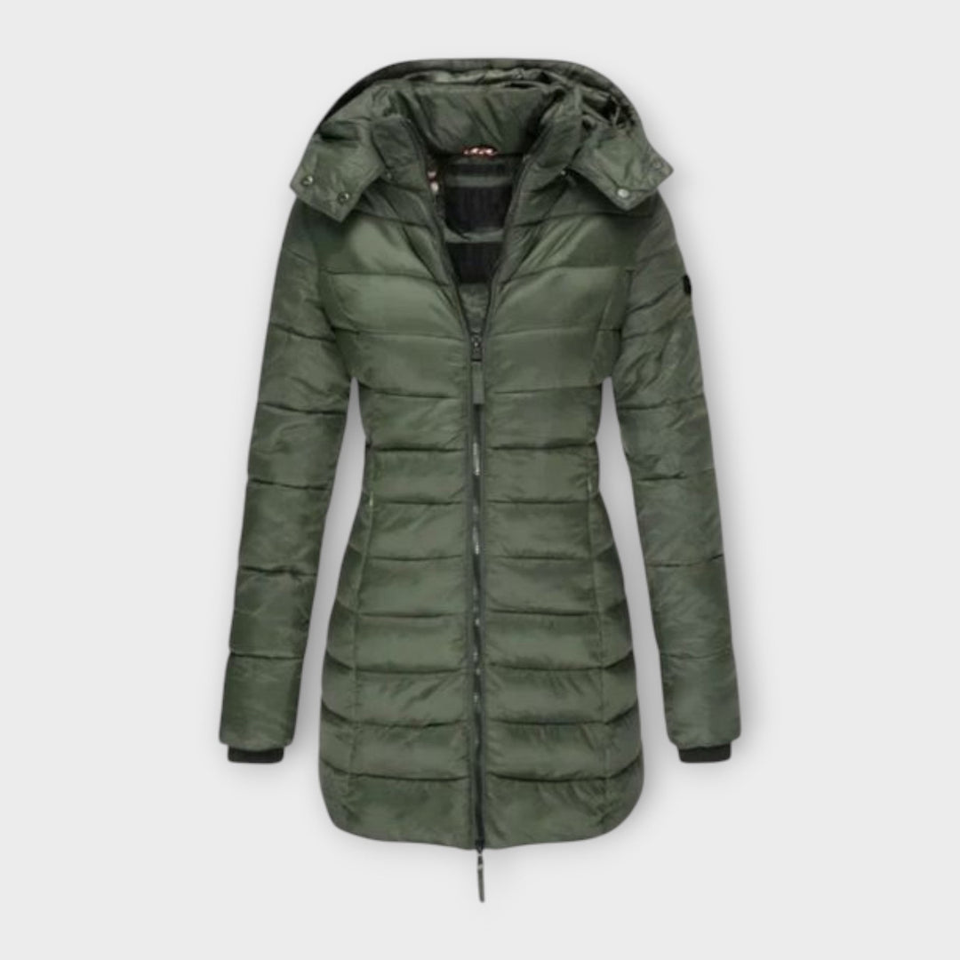 Angeline Quilted Padded Winter Coat Hooded Longline for Women in Vert