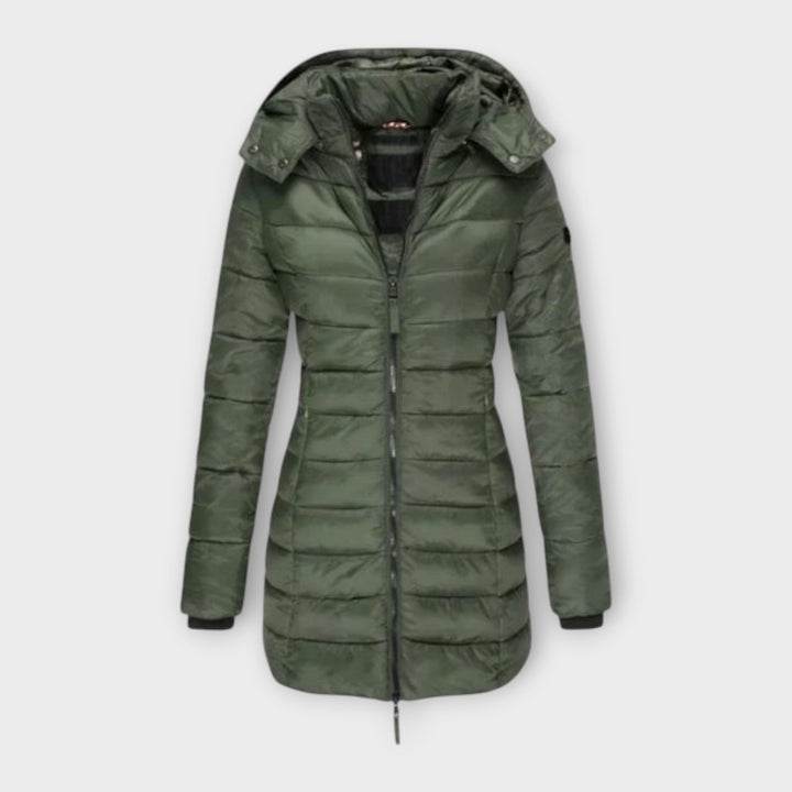 Angeline Quilted Padded Winter Coat Hooded Longline for Women in Vert
