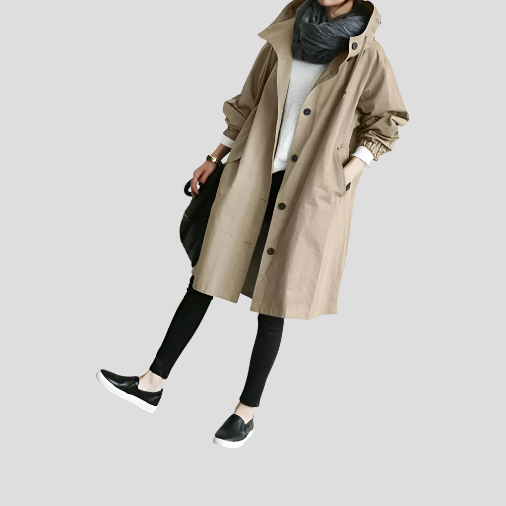 Longline Hooded Raincoat — women's rain jacket in beige