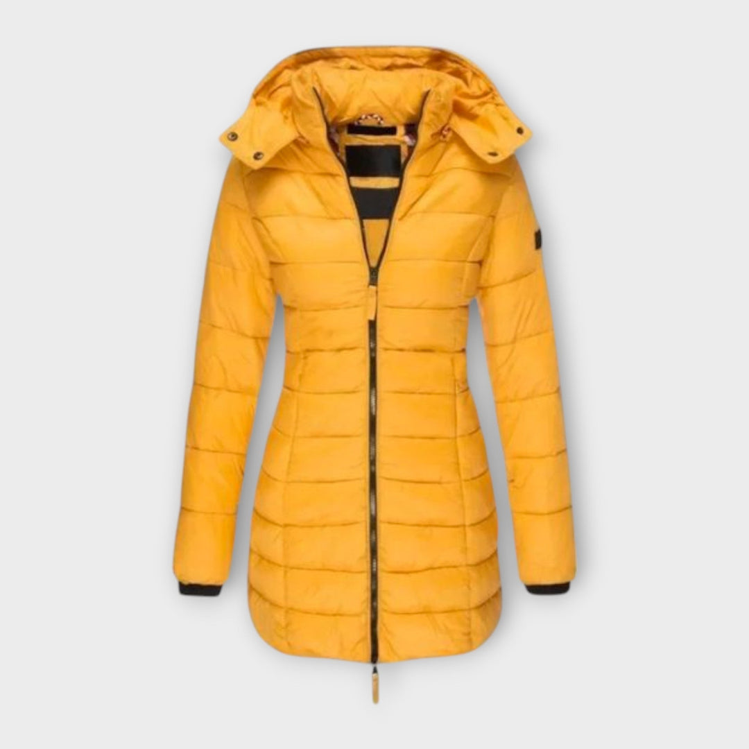 Angeline Quilted Padded Winter Coat Hooded Longline for Women in Jaune