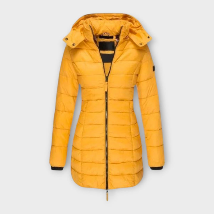 Angeline Quilted Padded Winter Coat Hooded Longline for Women in Jaune