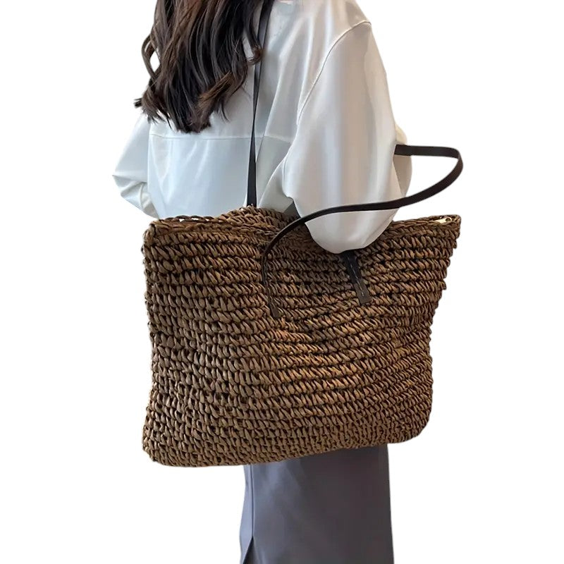 Leontine | Woven Straw Tote Bag for Women - worn view