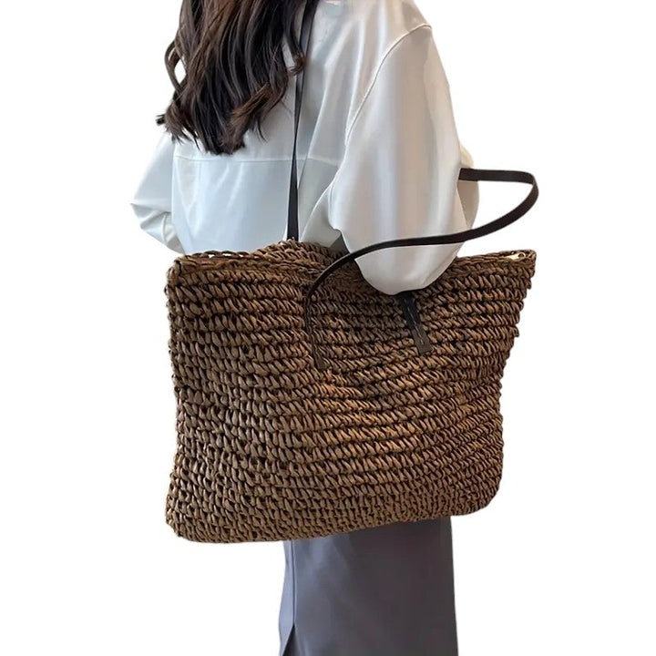 Leontine | Woven Straw Tote Bag for Women - worn view