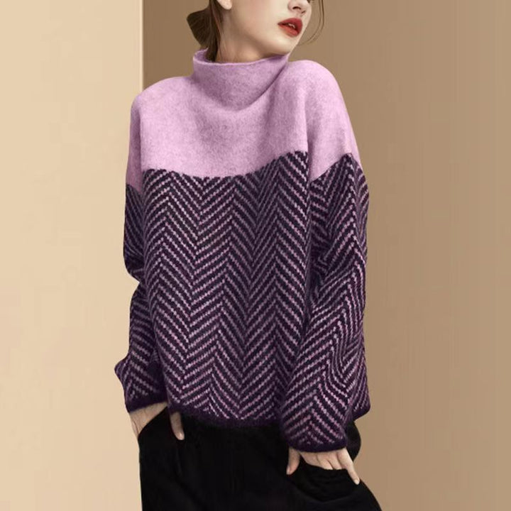 Verity Herringbone Knit Sweater Crew Neck for Women in Pink