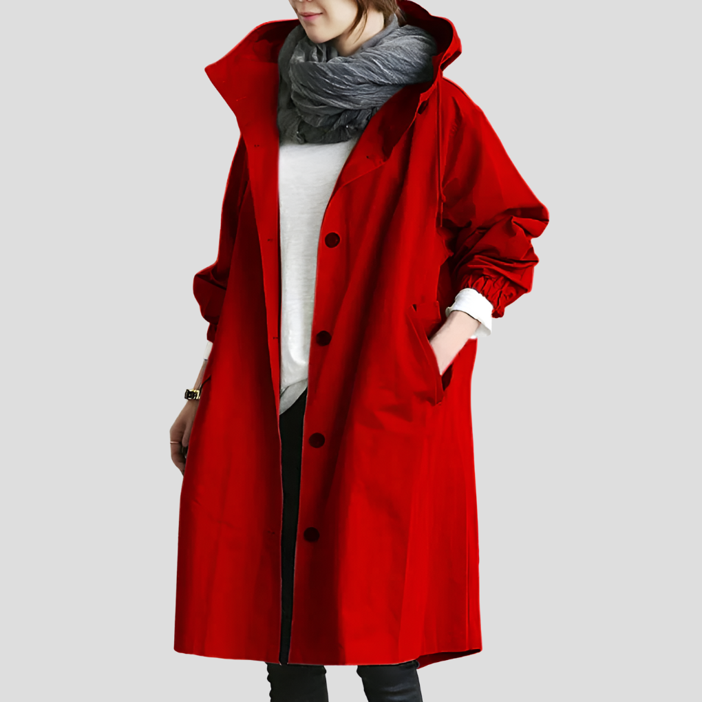 Longline Hooded Raincoat — women's rain jacket in red