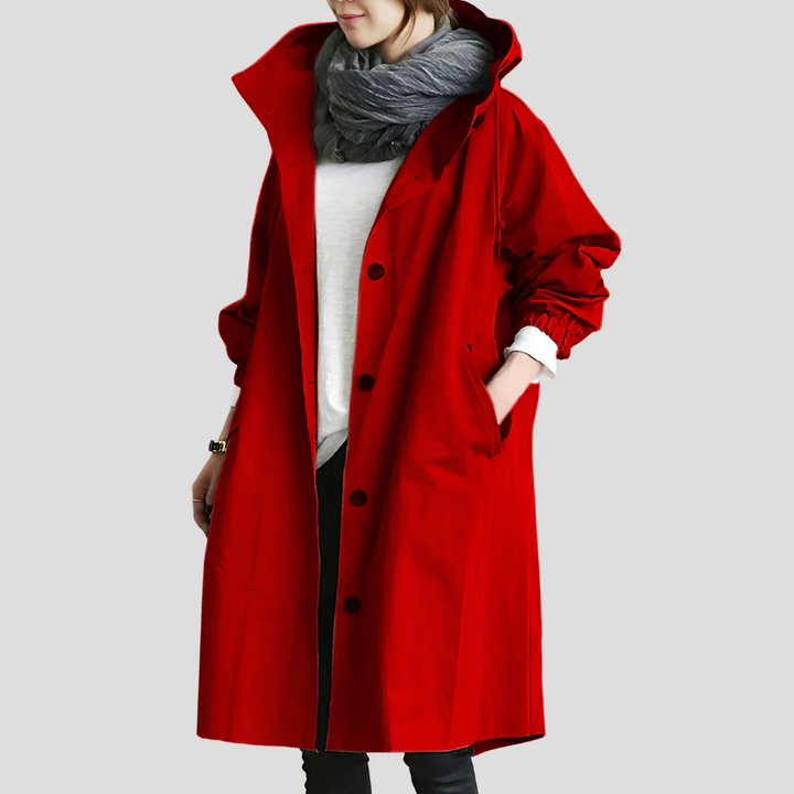 Longline Hooded Raincoat — women's rain jacket in red