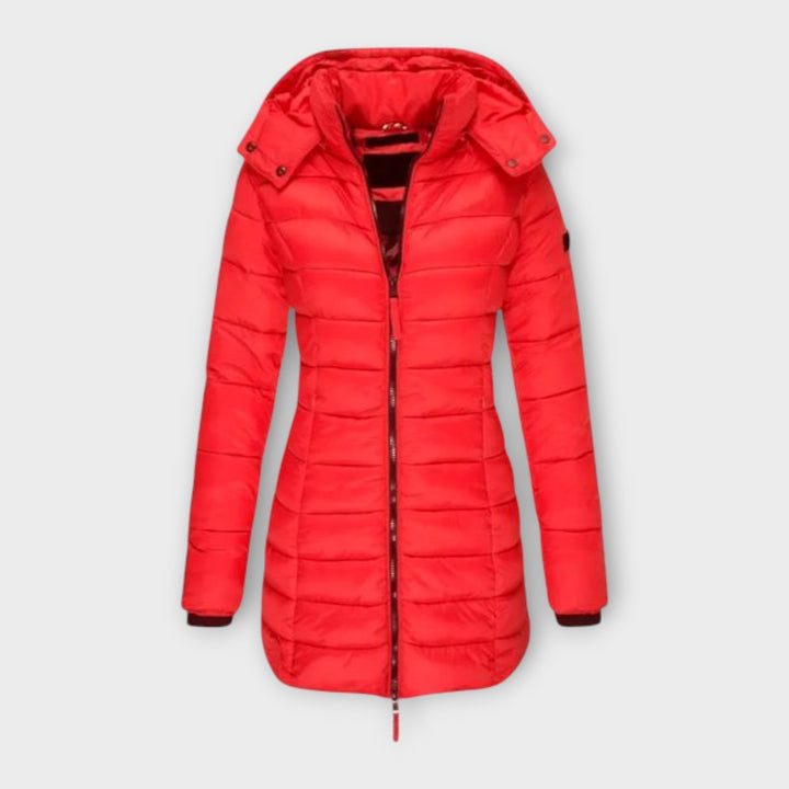 Angeline Quilted Padded Winter Coat Hooded Longline for Women in Rouge
