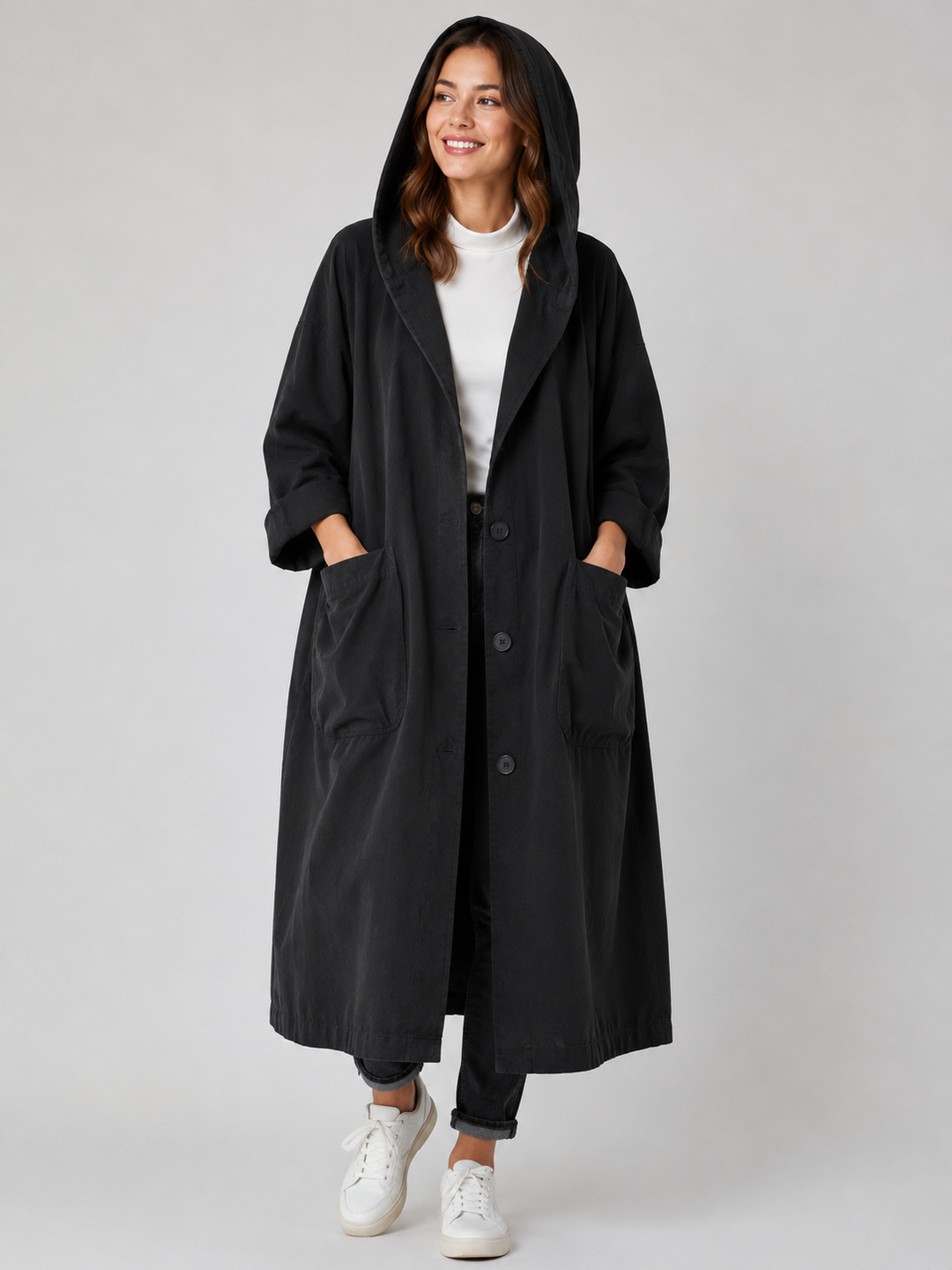 Ermeline Long Waterproof Trench Coat Hooded Belted for Women, view 4