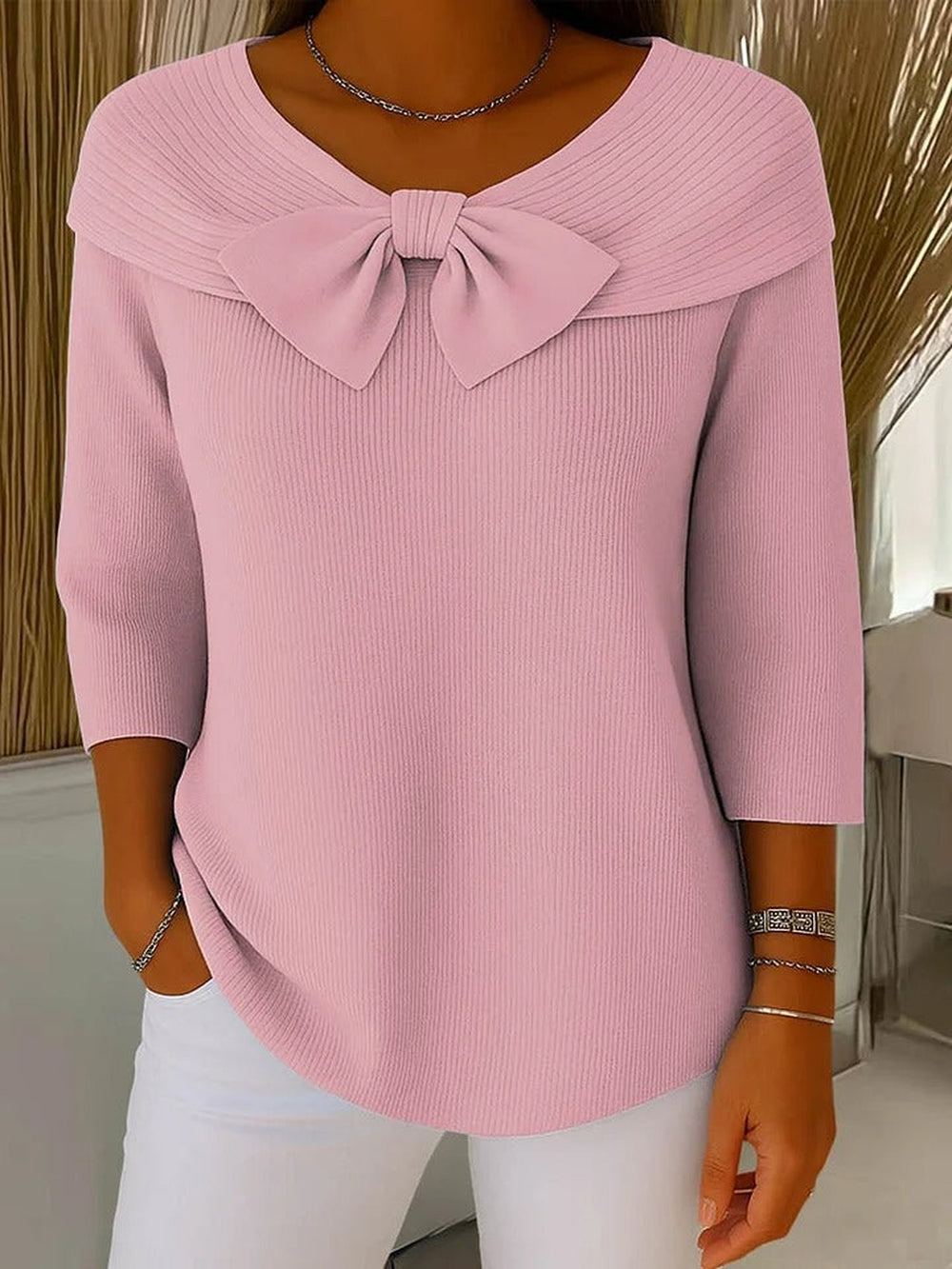 Honorine Elegant Mock Neck Knit Sweater for Women in Pink