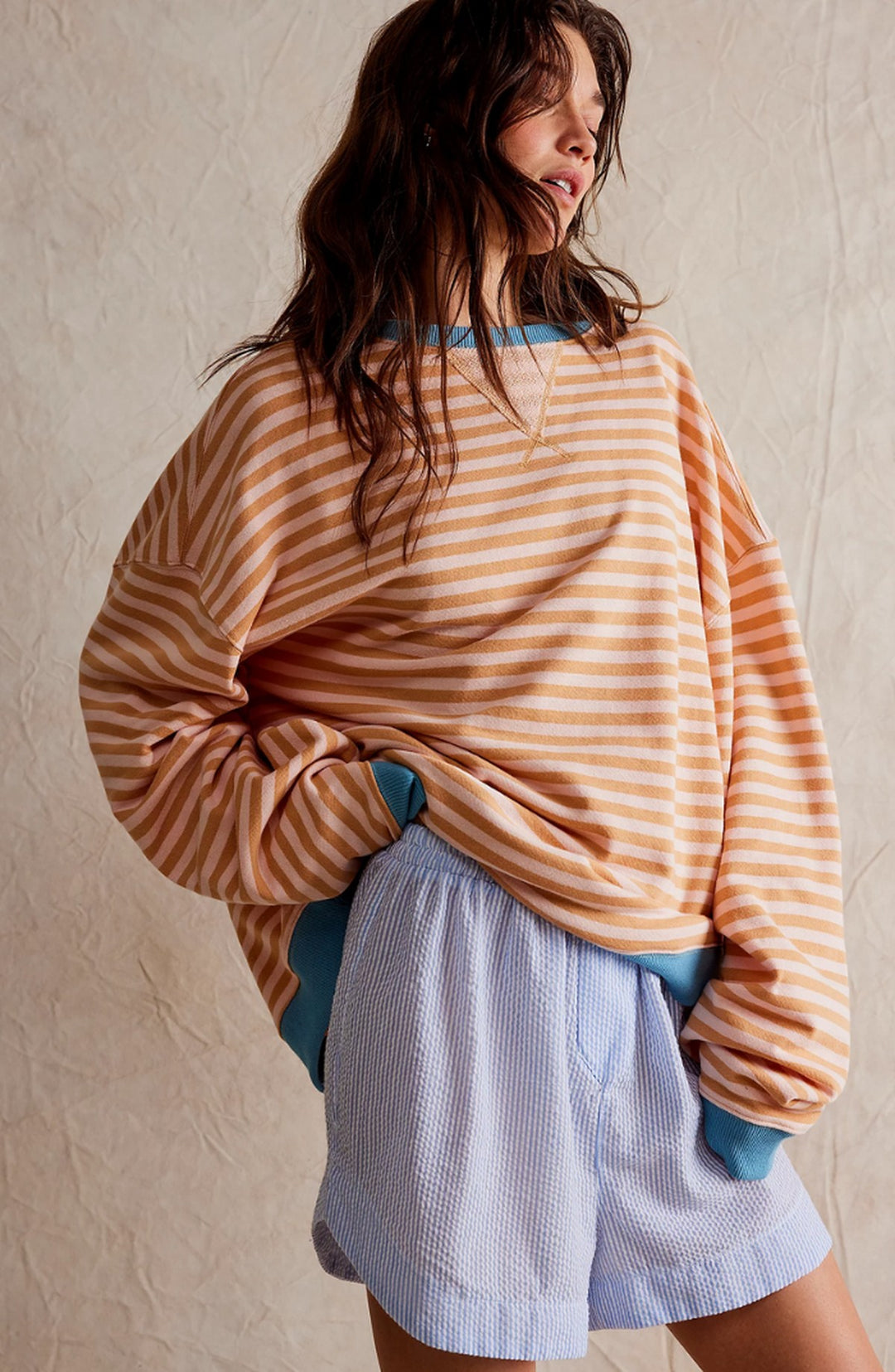 Perrine Striped Oversized Sweater Contrast Trim for Women in Light blue