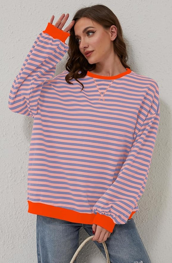 Perrine Striped Oversized Sweater Contrast Trim for Women in Light blue
