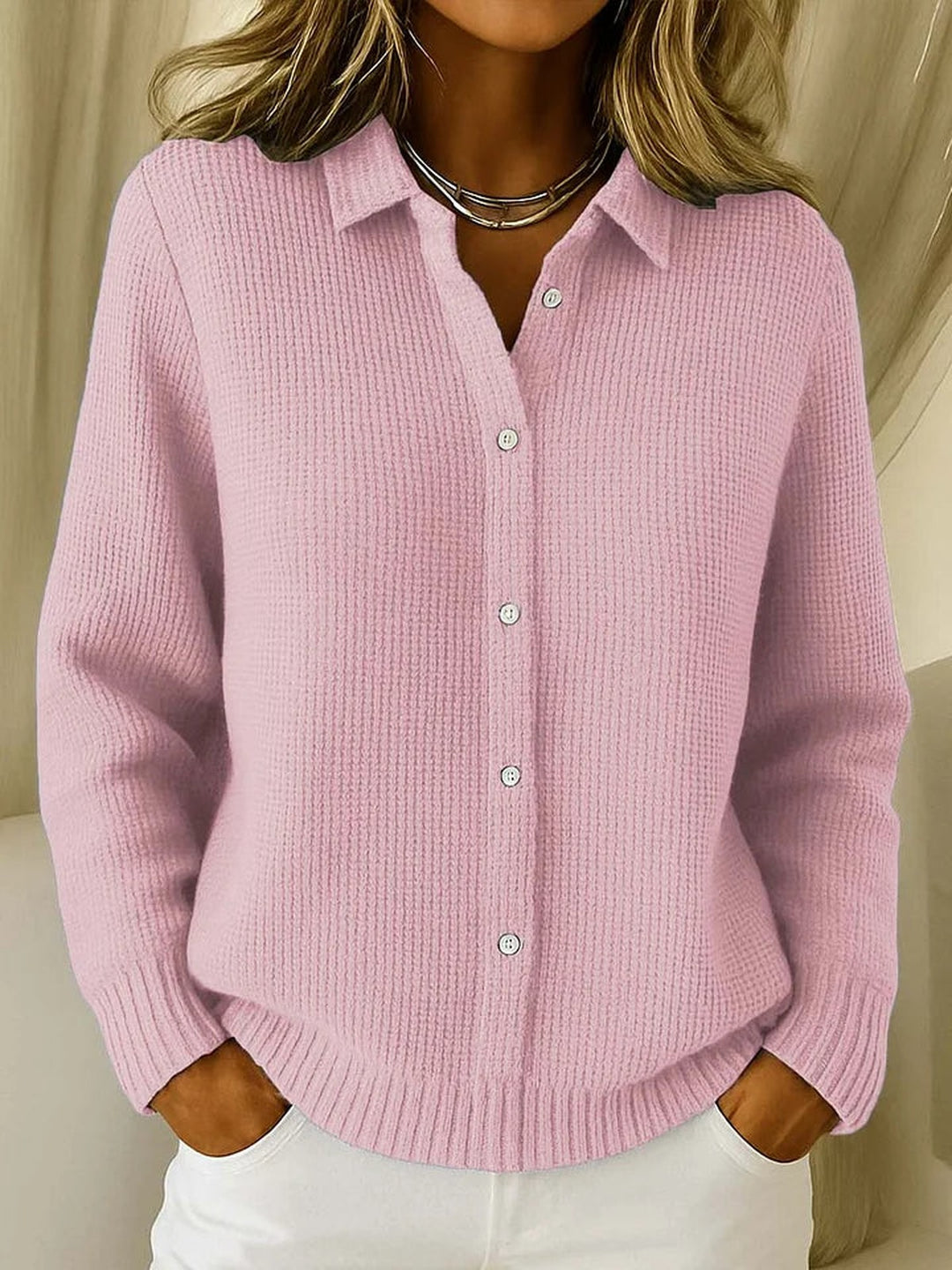 Harlow Elegant Waffle Knit Cardigan Button Up Collar for Women in Pink