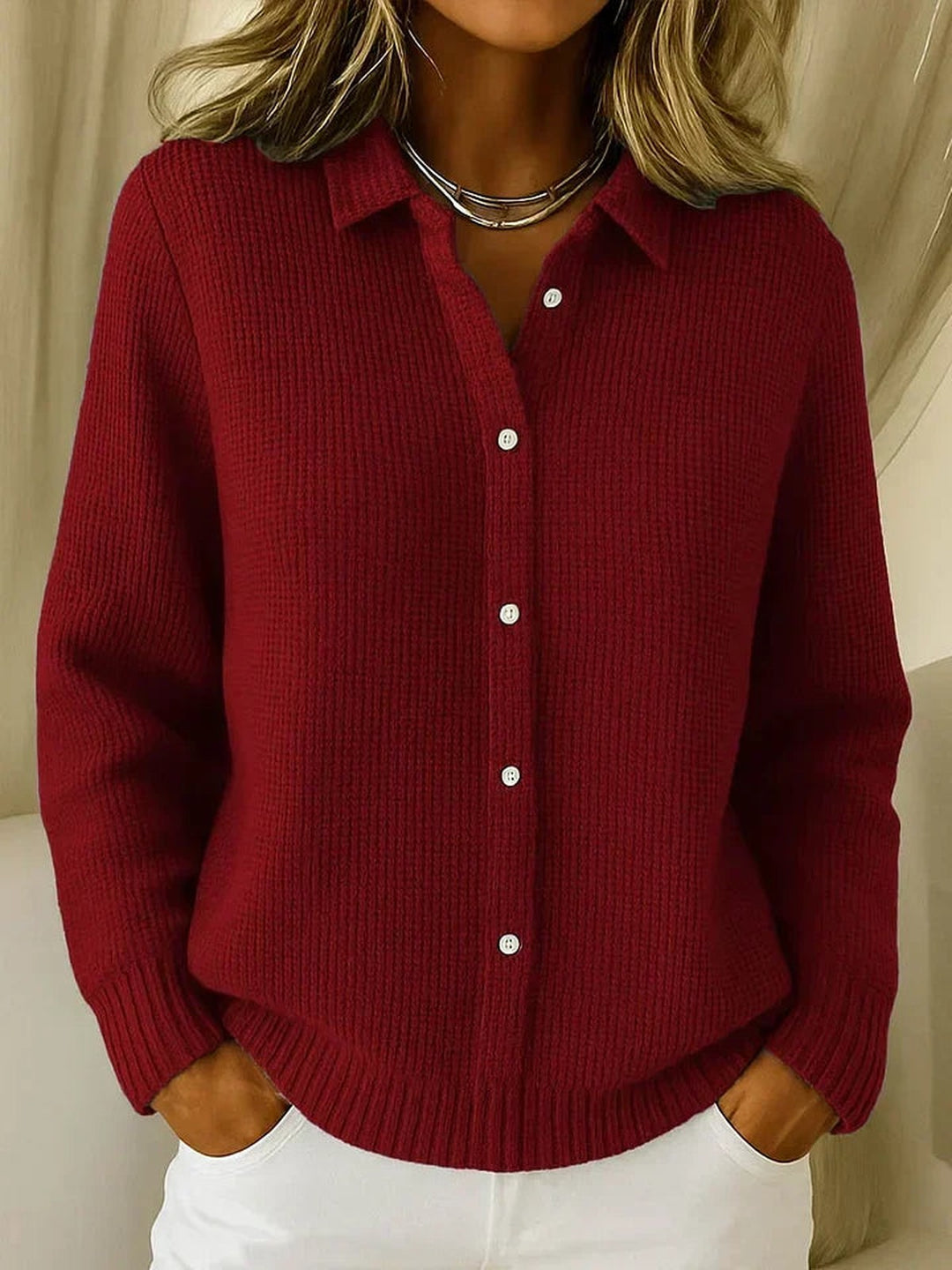 Harlow Elegant Waffle Knit Cardigan Button Up Collar for Women in Pink