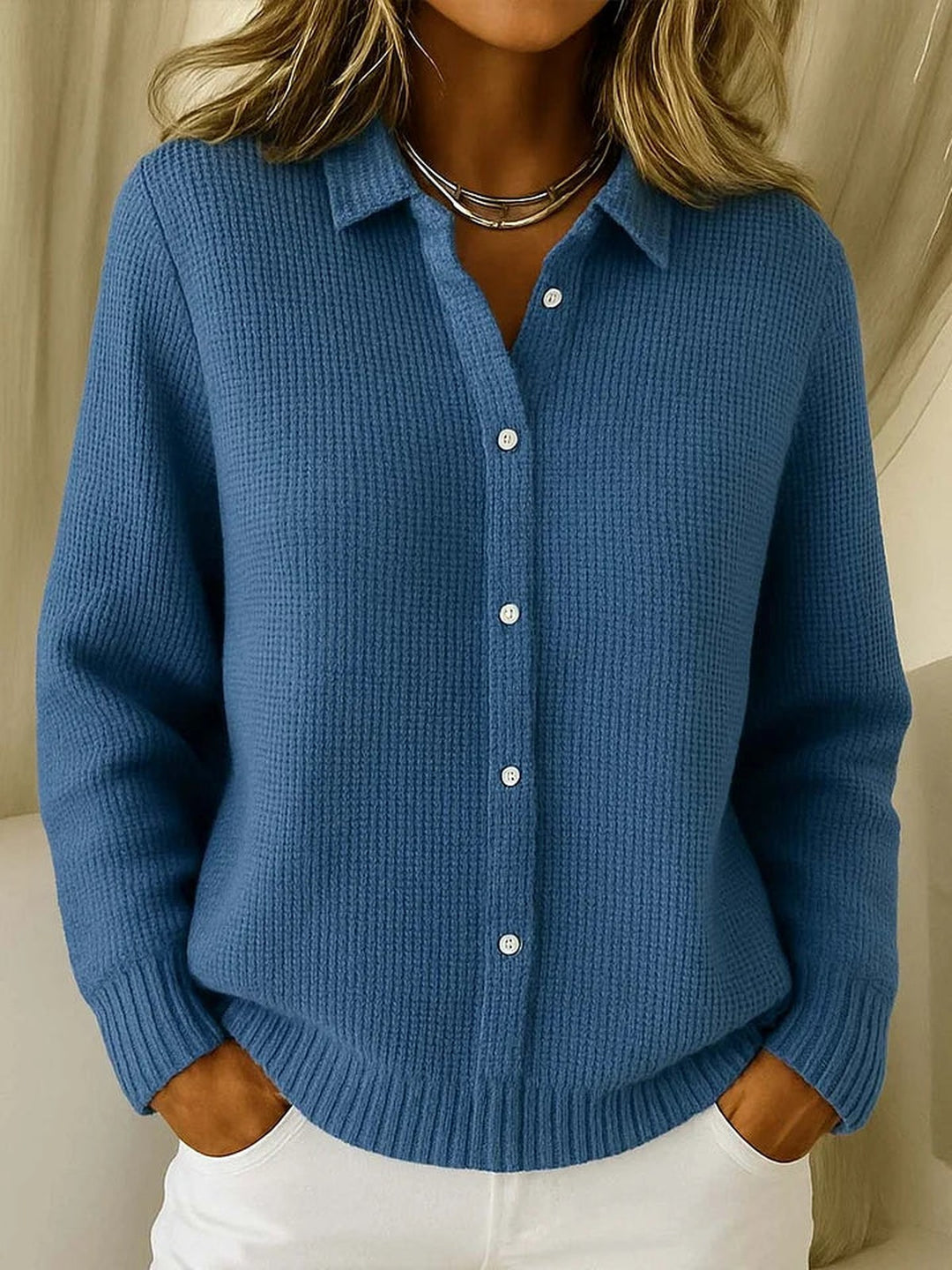 Harlow Elegant Waffle Knit Cardigan Button Up Collar for Women in Pink