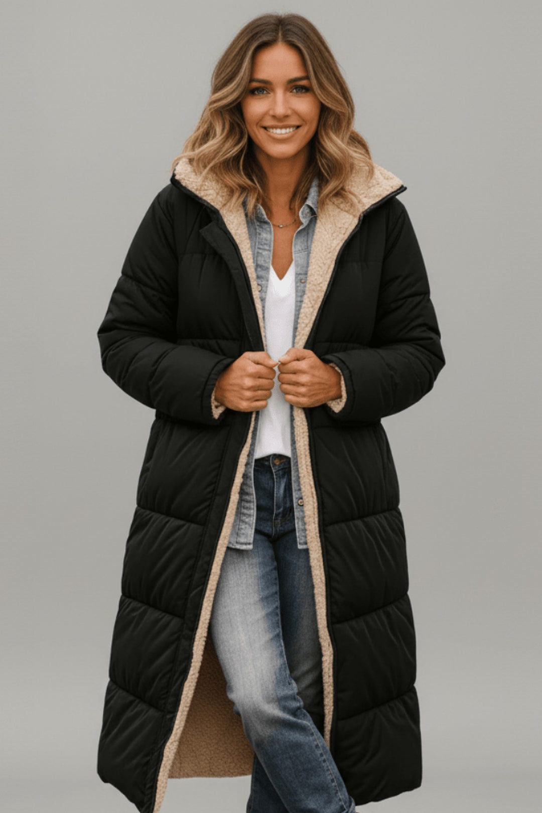 Bathilde Hooded Longline Puffer Coat Sherpa Lined for Women in Black