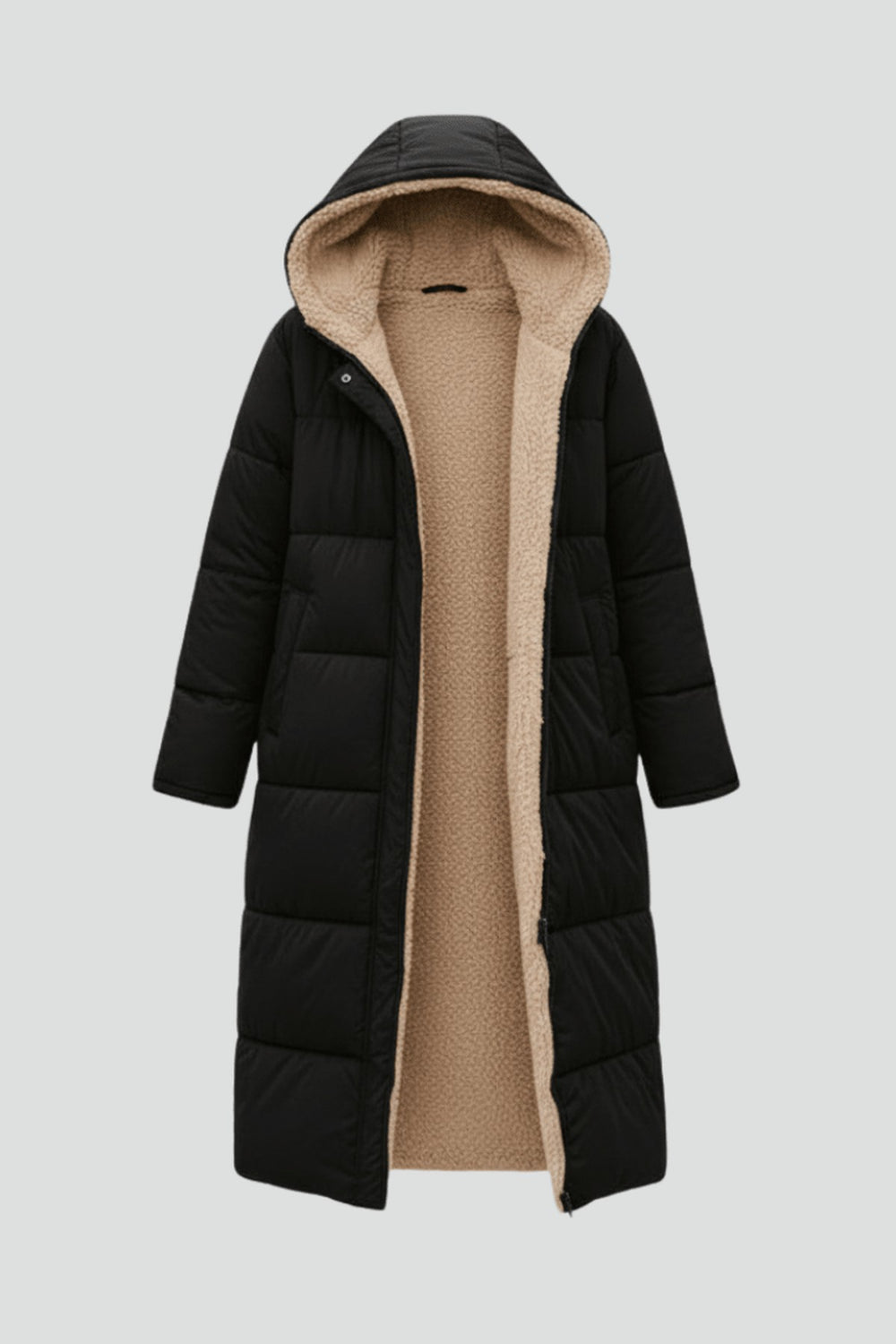 Bathilde Hooded Longline Puffer Coat Sherpa Lined for Women in Black