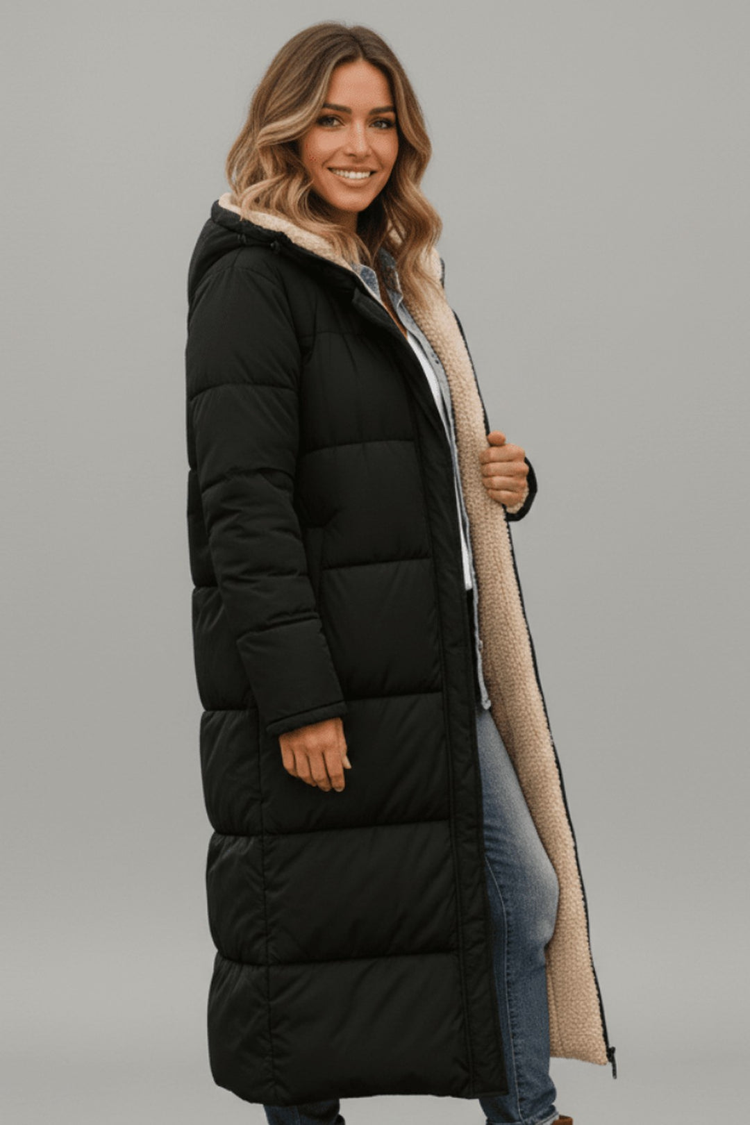 Bathilde Hooded Longline Puffer Coat Sherpa Lined for Women in Black
