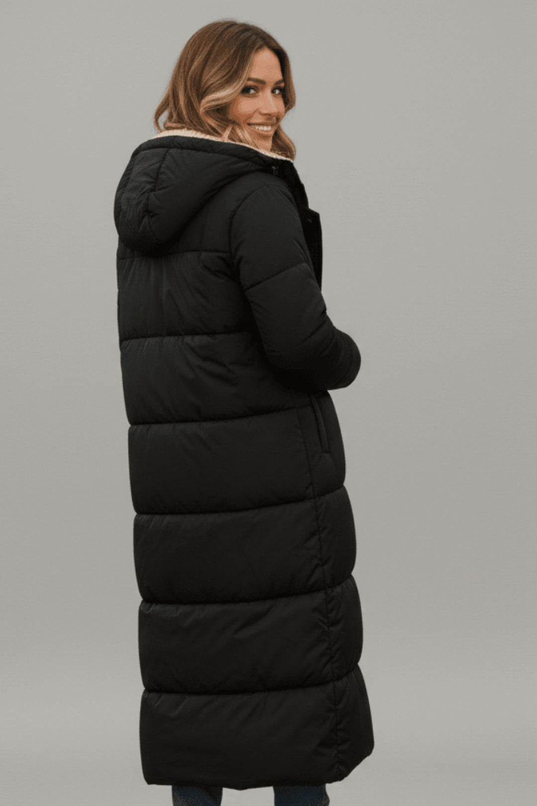 Bathilde Hooded Longline Puffer Coat Sherpa Lined for Women in Black