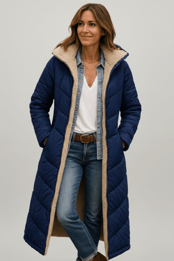 Bathilde Hooded Longline Puffer Coat Sherpa Lined for Women in Black