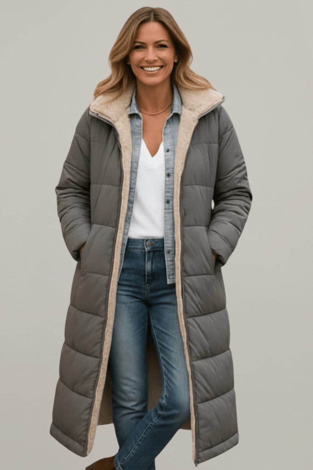 Bathilde Hooded Longline Puffer Coat Sherpa Lined for Women in Black