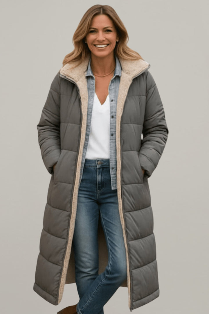 Bathilde Hooded Longline Puffer Coat Sherpa Lined for Women in Black