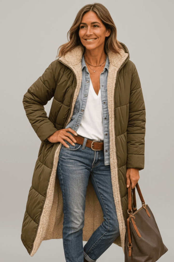 Bathilde Hooded Longline Puffer Coat Sherpa Lined for Women in Black