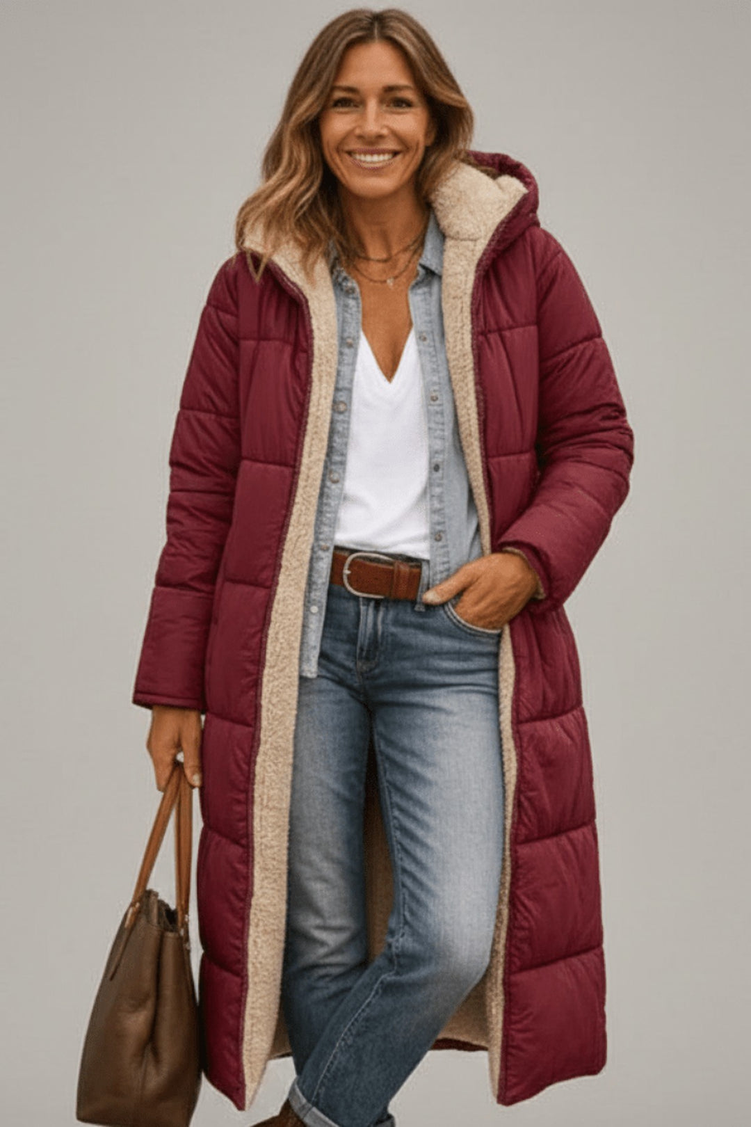Bathilde Hooded Longline Puffer Coat Sherpa Lined for Women in Black