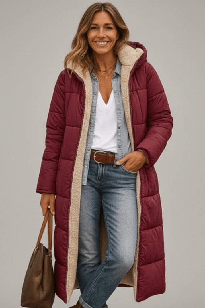 Bathilde Hooded Longline Puffer Coat Sherpa Lined for Women in Black
