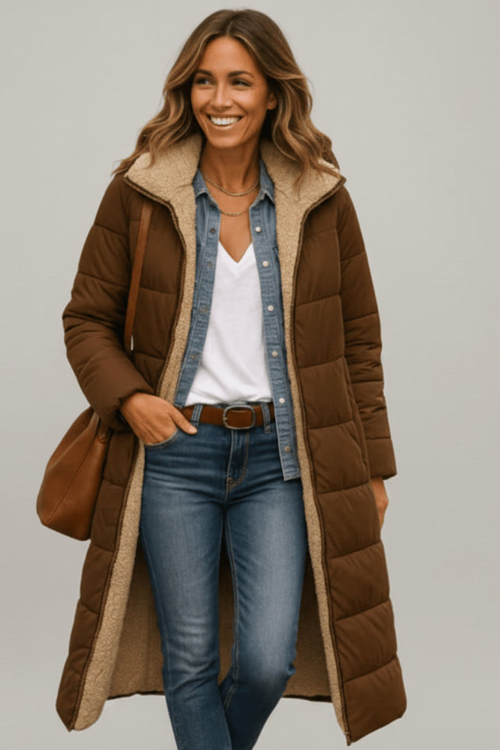 Bathilde Hooded Longline Puffer Coat Sherpa Lined for Women in Black