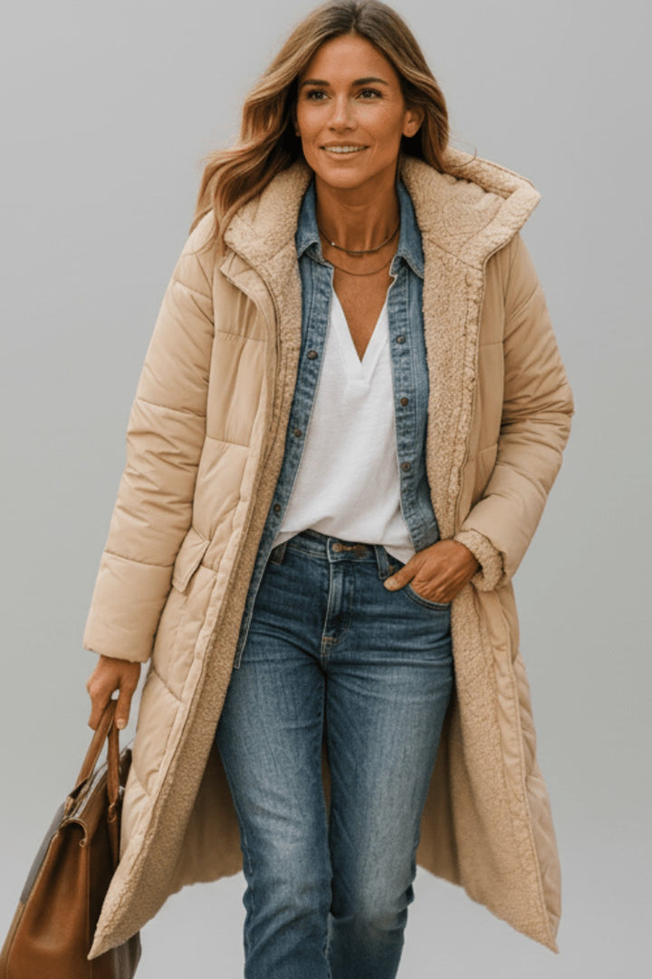 Bathilde Hooded Longline Puffer Coat Sherpa Lined for Women in Black