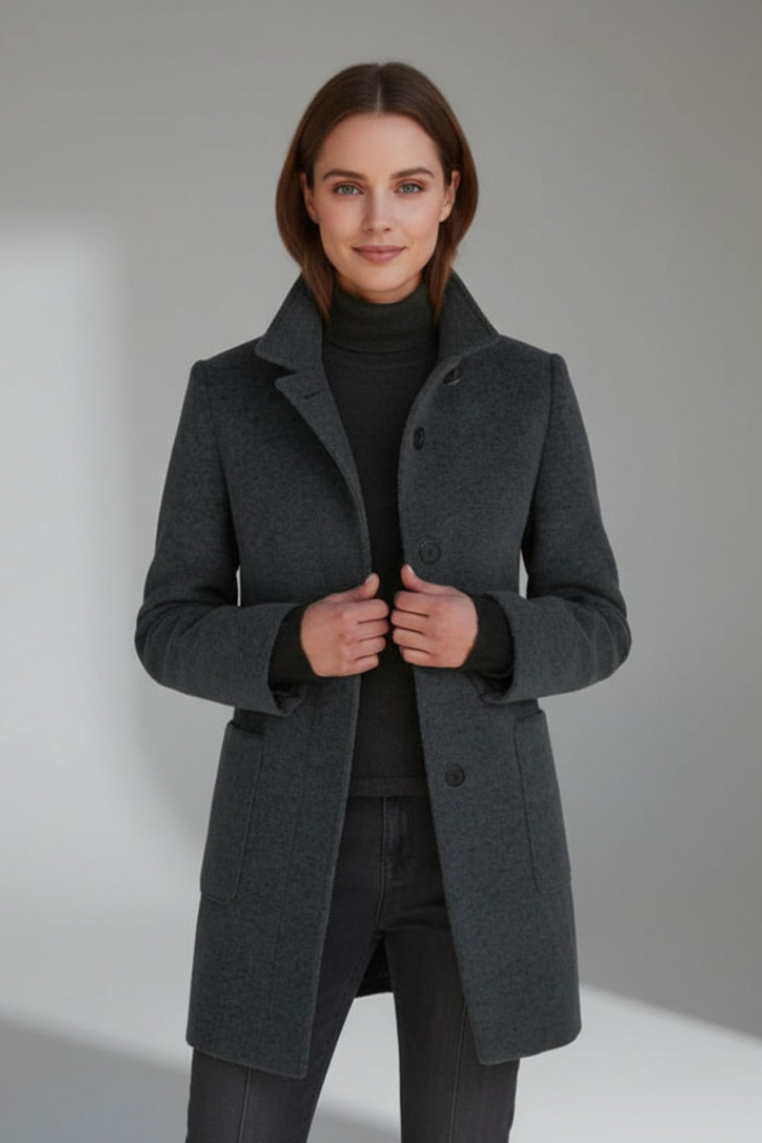 Edwige Mid Length Winter Coat Stand Collar Button Front for Women in Black