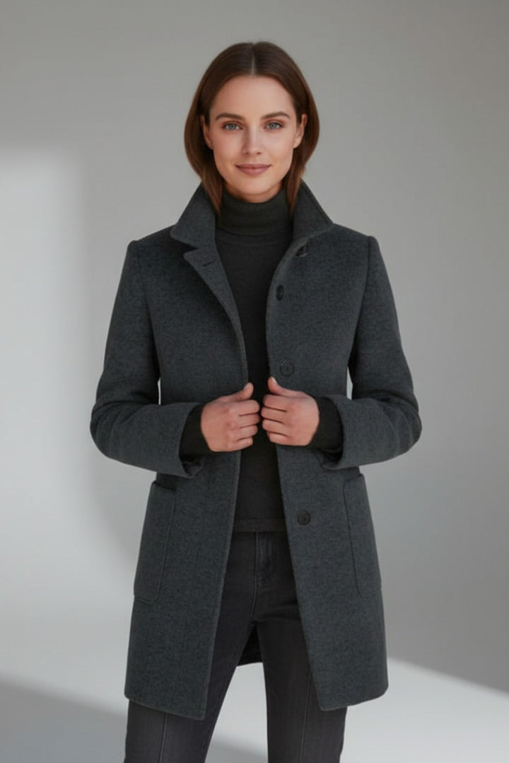 Edwige Mid Length Winter Coat Stand Collar Button Front for Women in Black