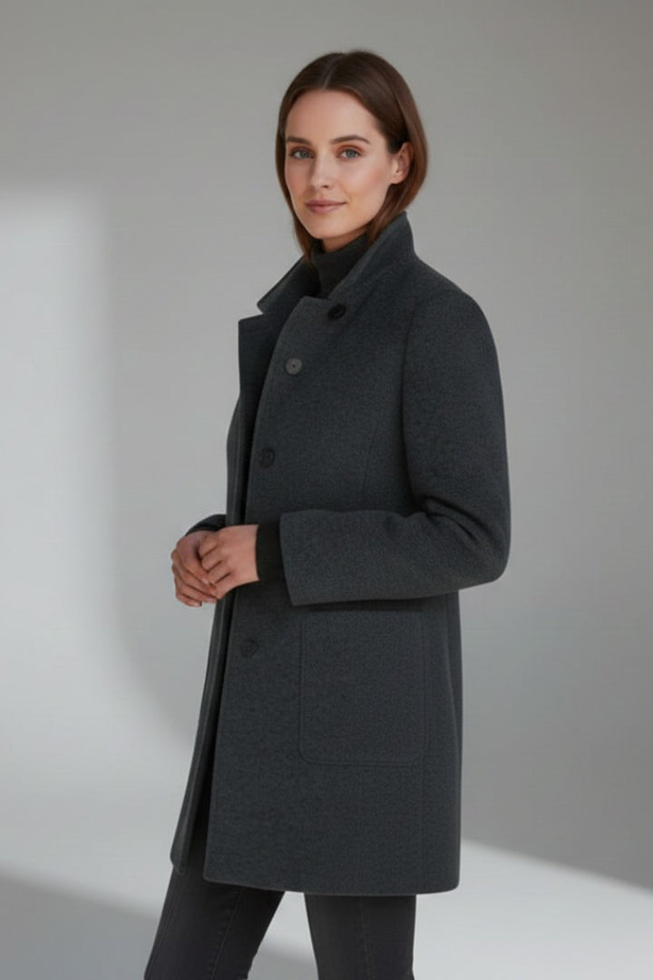 Edwige Mid Length Winter Coat Stand Collar Button Front for Women in Black