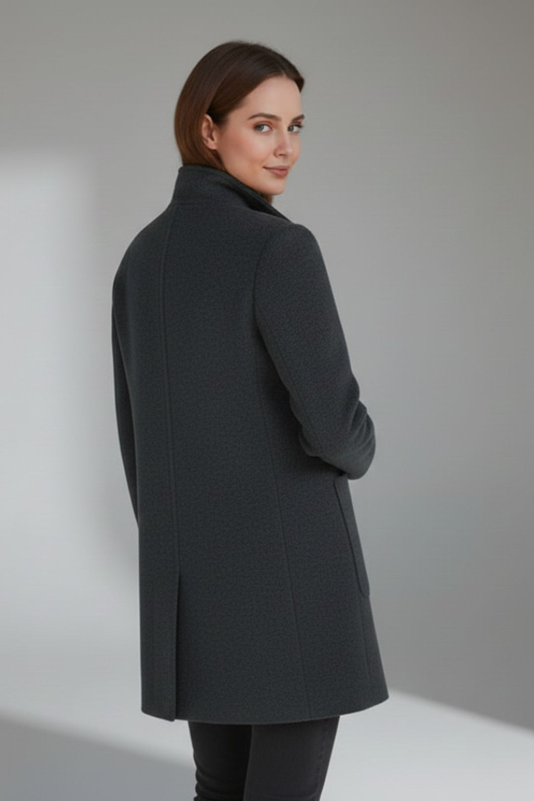 Edwige Mid Length Winter Coat Stand Collar Button Front for Women in Black